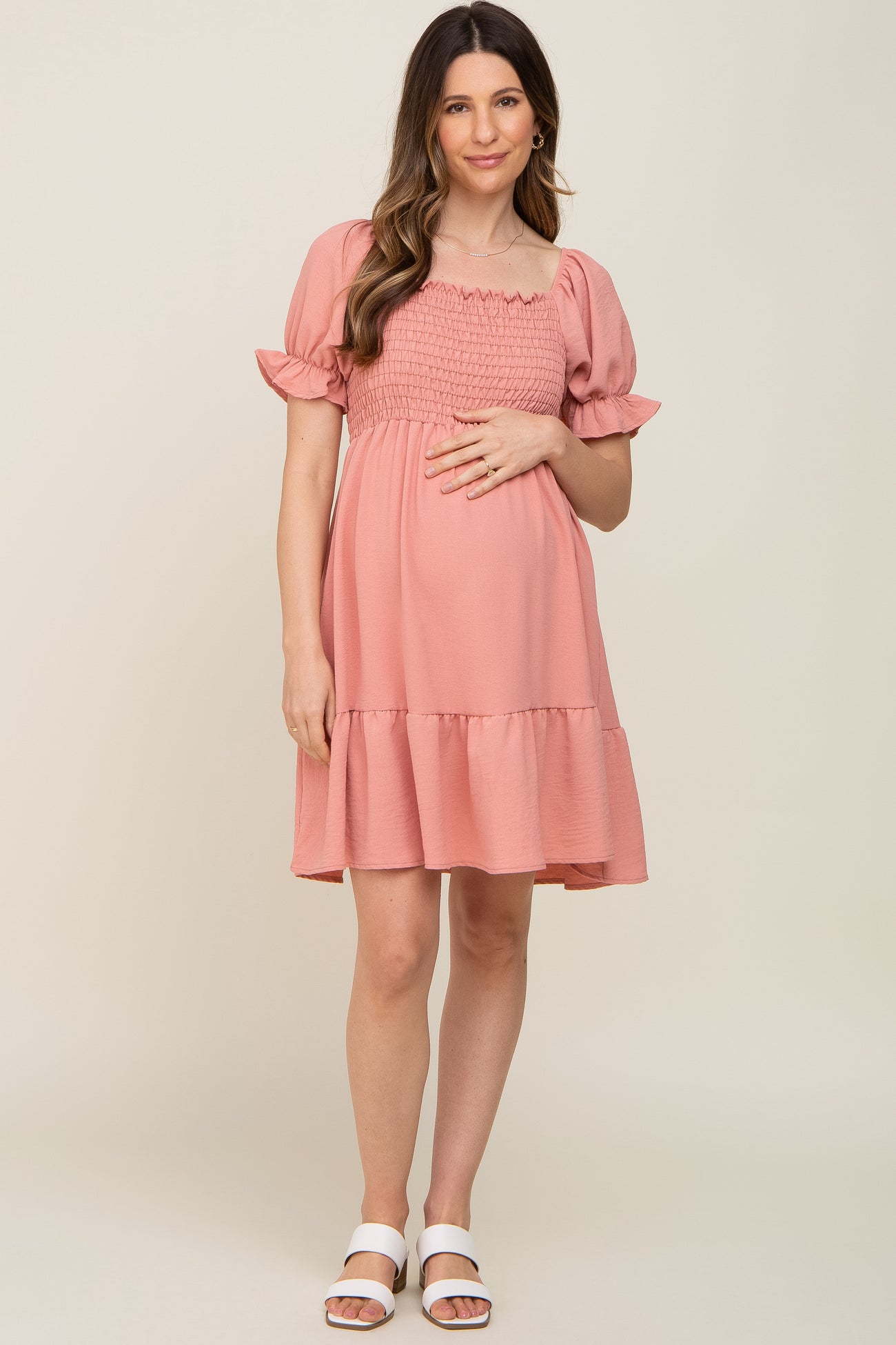 Coral Smocked Ruffle Trim Maternity Dress