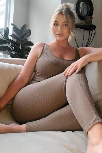 Taupe Ribbed Bodycon Jumpsuit