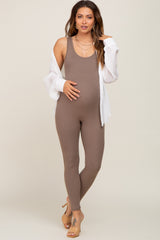 Taupe Ribbed Bodycon Maternity Jumpsuit