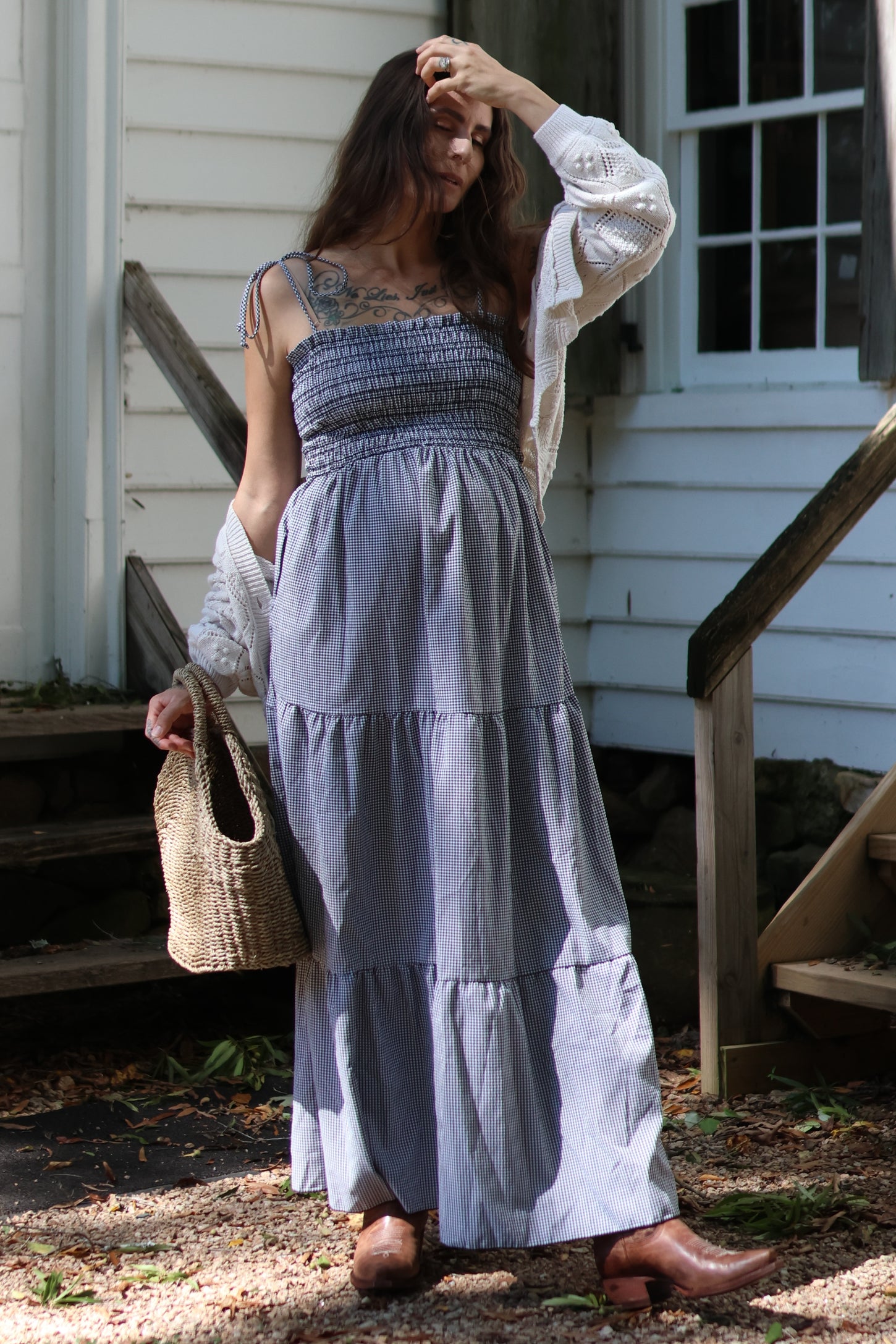 Black Gingham Smocked Shoulder Tie Tiered Maternity Maxi Dress