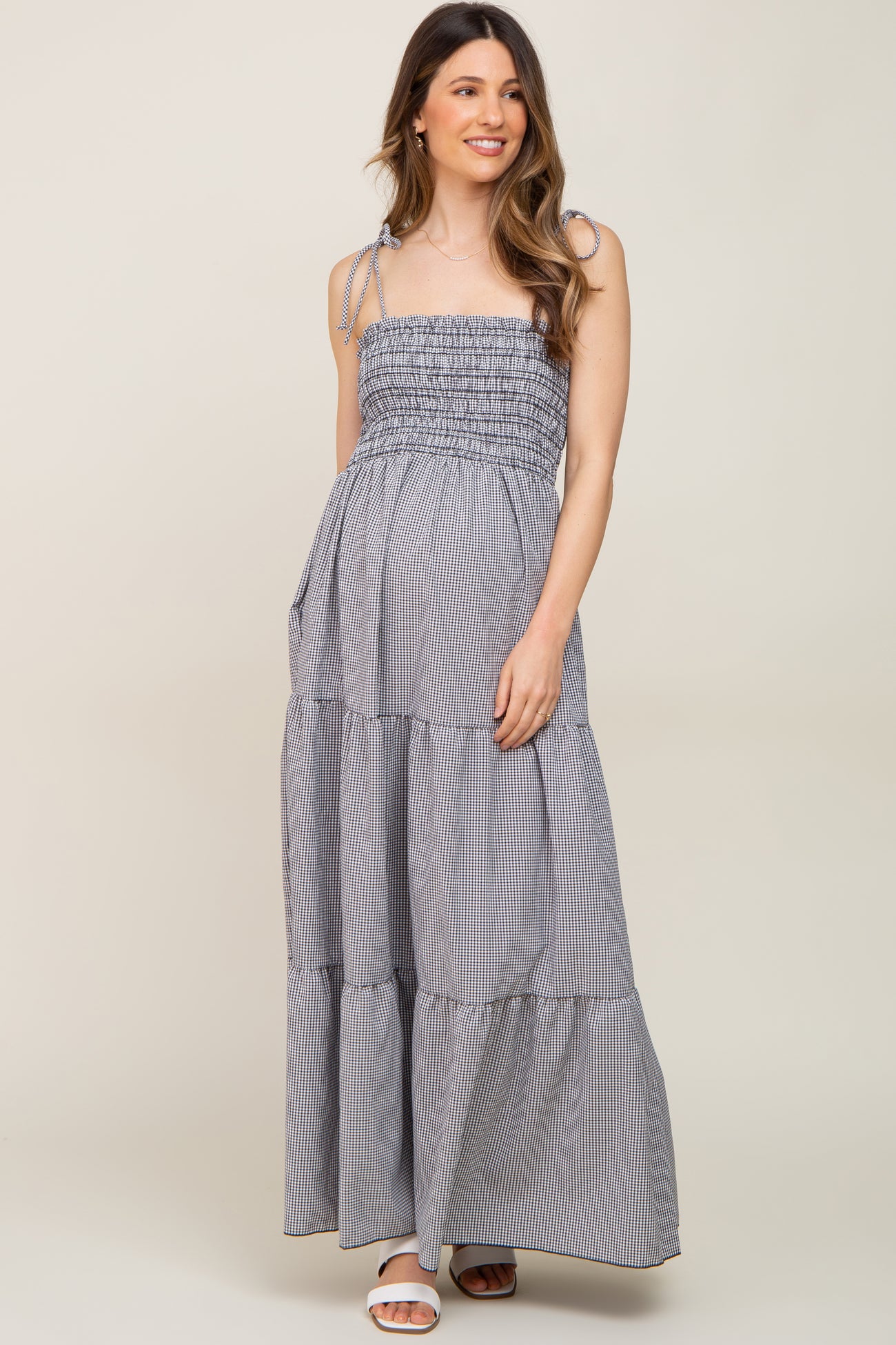 Black Gingham Smocked Shoulder Tie Tiered Maternity Maxi Dress