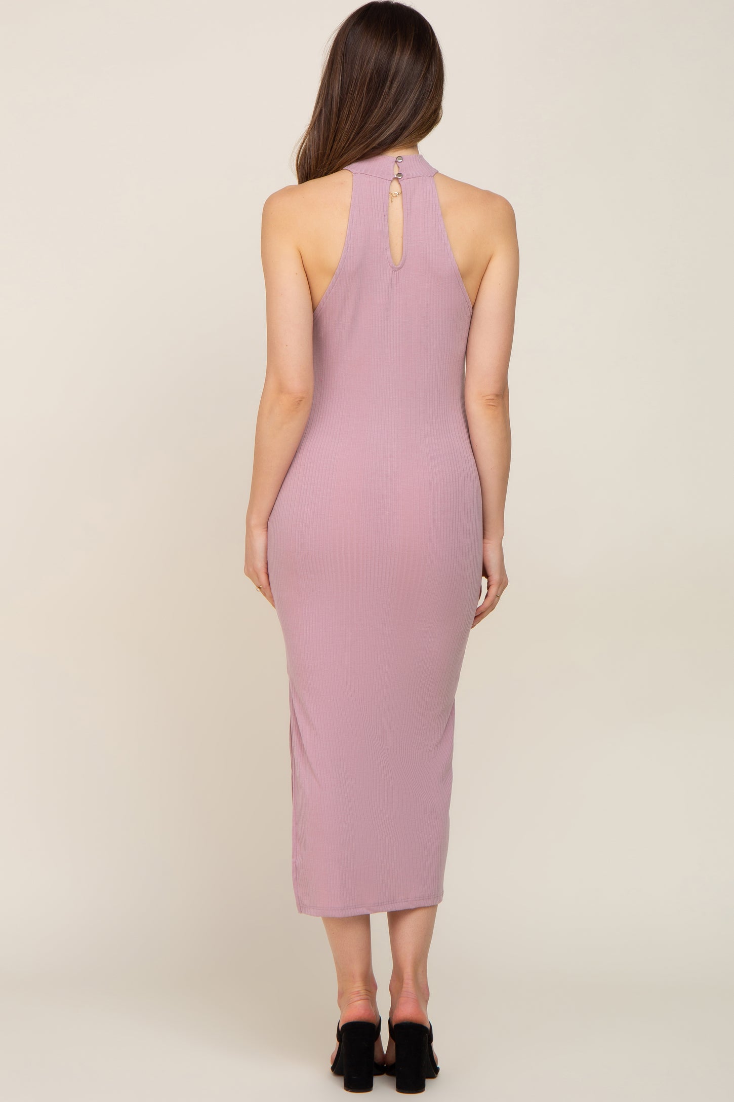 Mauve Ribbed Mock Neck Sleeveless Side Slit Maternity Midi Dress