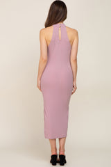 Mauve Ribbed Mock Neck Sleeveless Side Slit Maternity Midi Dress