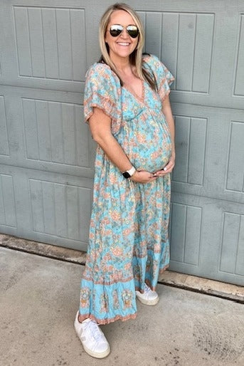 Aqua Floral Print Wrap V-Neck Maternity Midi Dress