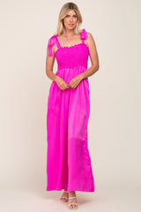 Fuchsia Satin Smocked Square Neck Shoulder Tie Maternity Jumpsuit