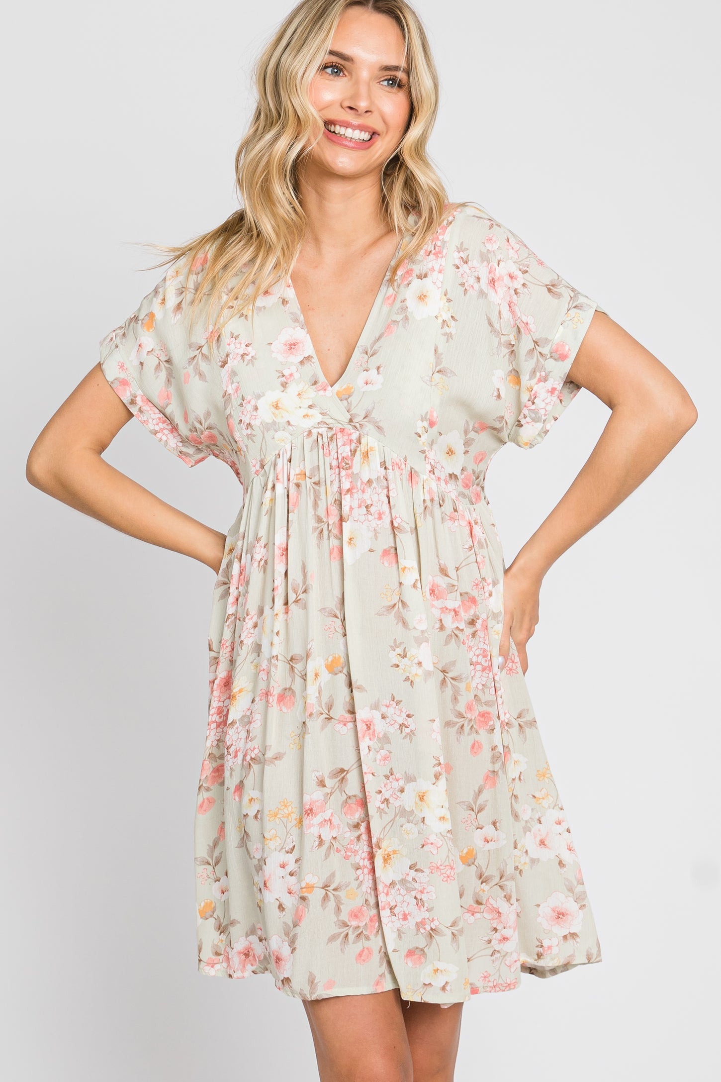 Light Olive Floral V-Neck Short Sleeve Maternity Dress