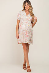 Light Olive Floral V-Neck Short Sleeve Maternity Dress