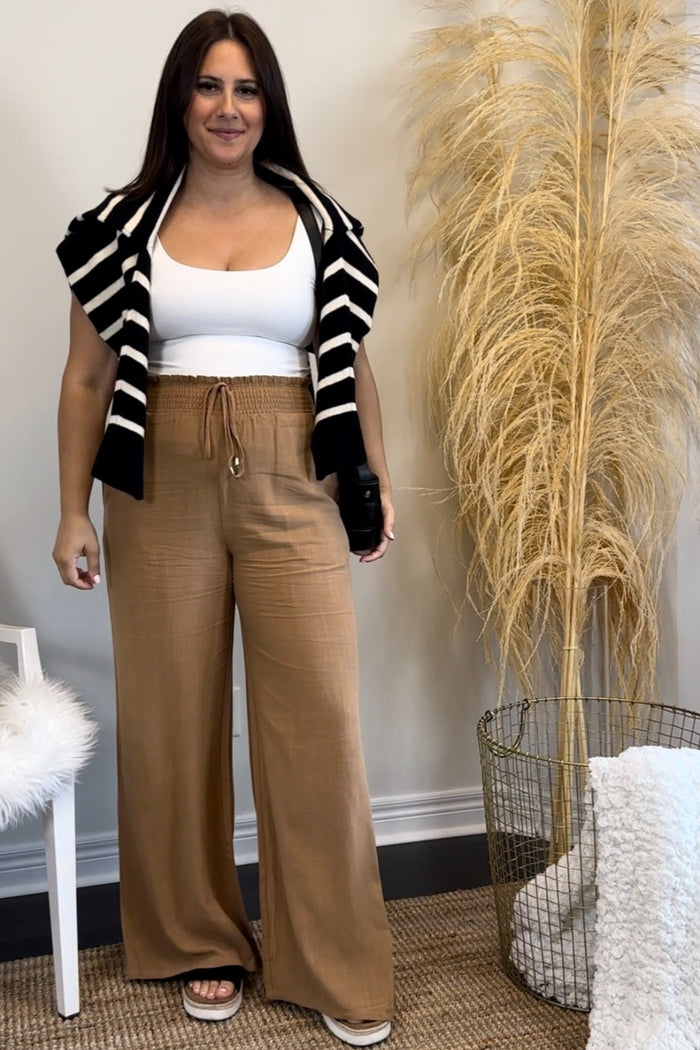 Camel Smocked Waist Wide Leg Linen Pants