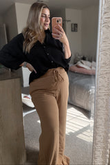 Camel Smocked Waist Wide Leg Linen Pants