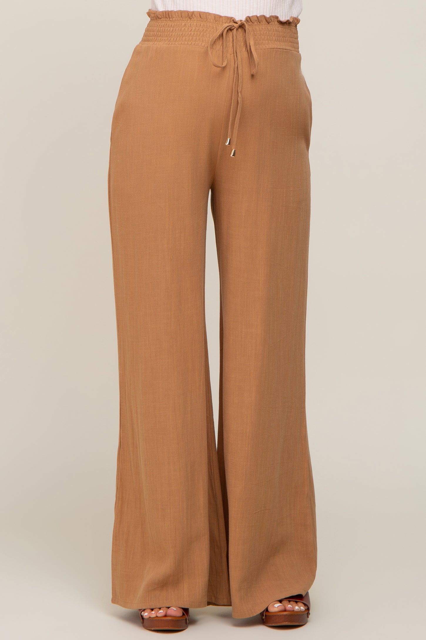 Camel Smocked Waist Wide Leg Linen Maternity Pants