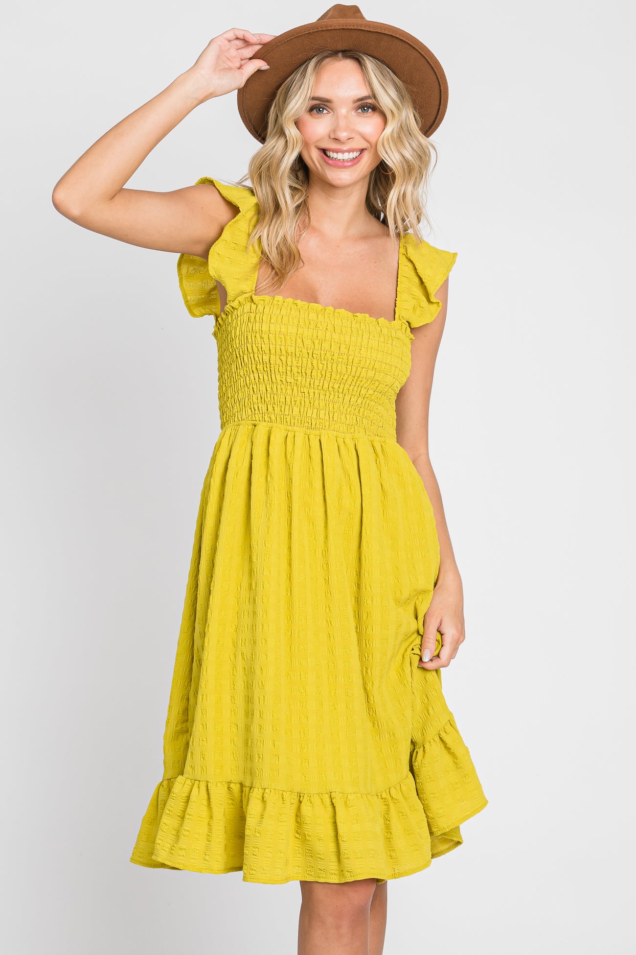Lime Textured Sleeveless Smocked Dress