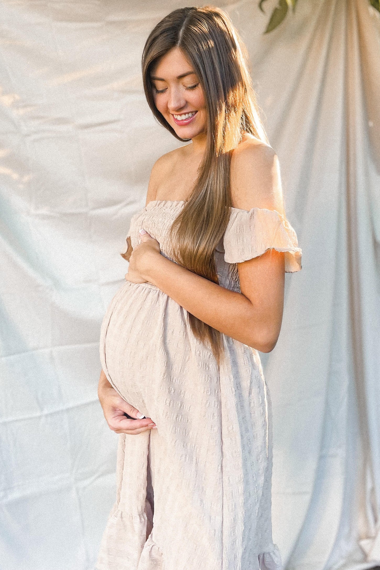 Taupe Textured Sleeveless Smocked Maternity Dress