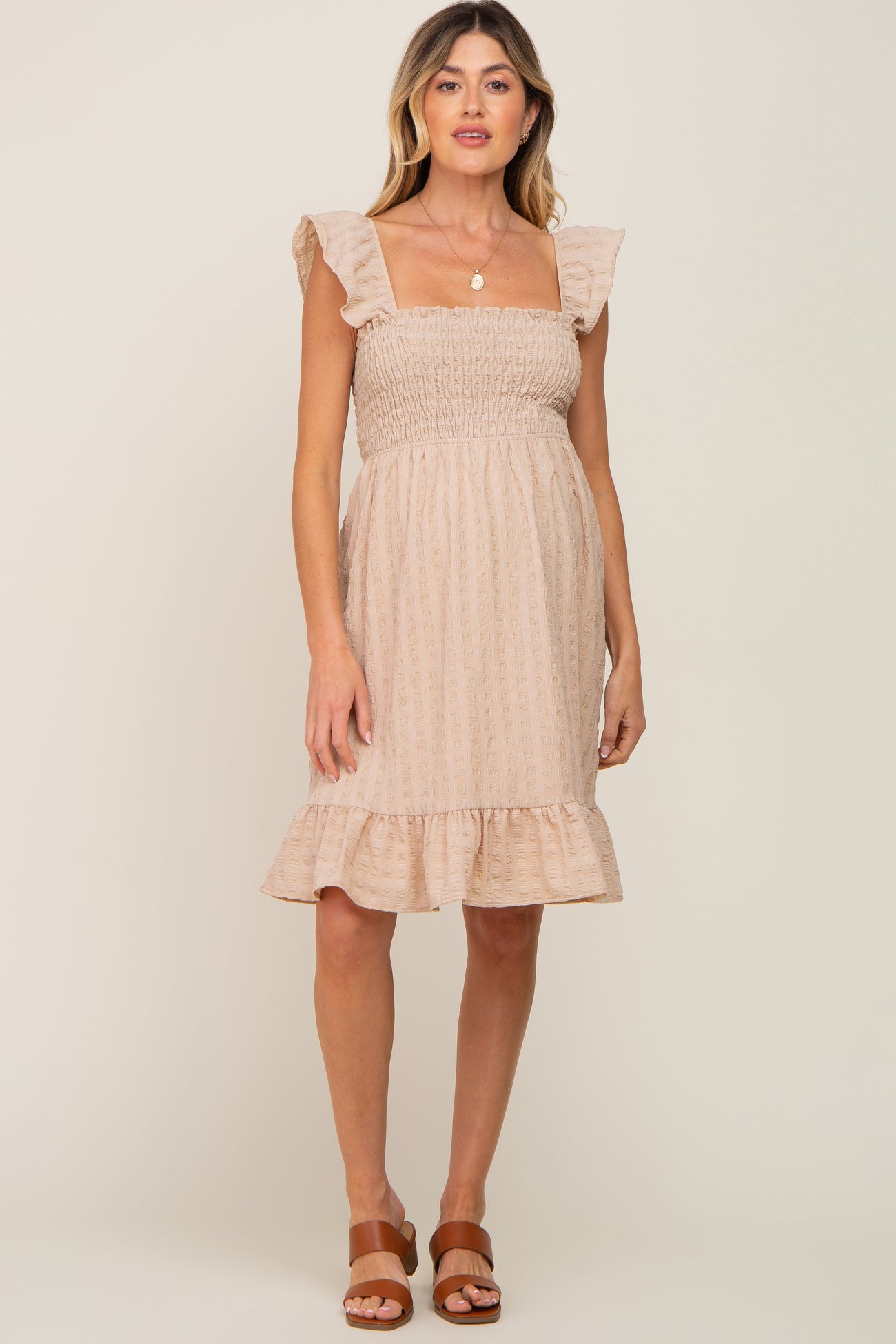 Taupe Textured Sleeveless Smocked Maternity Dress