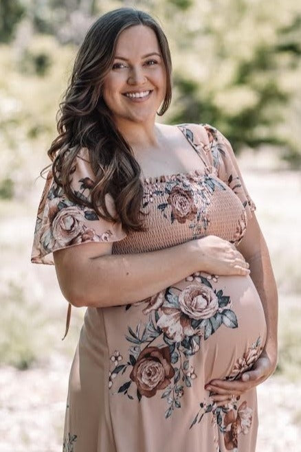 Beige Floral Chiffon Square Neck Smocked Short Sleeve Maternity Maxi Dress