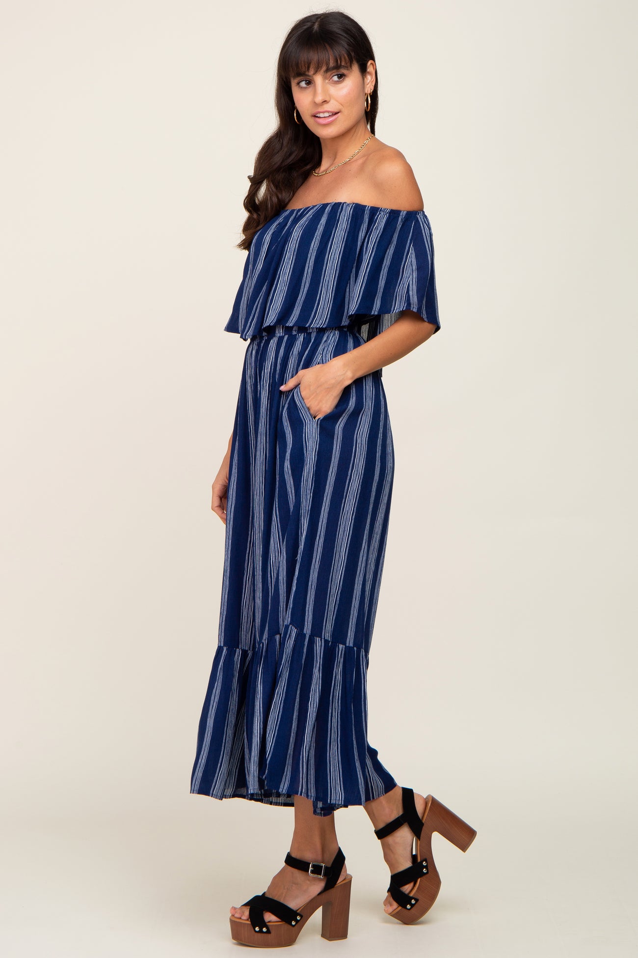 Navy Striped Off Shoulder Jumpsuit