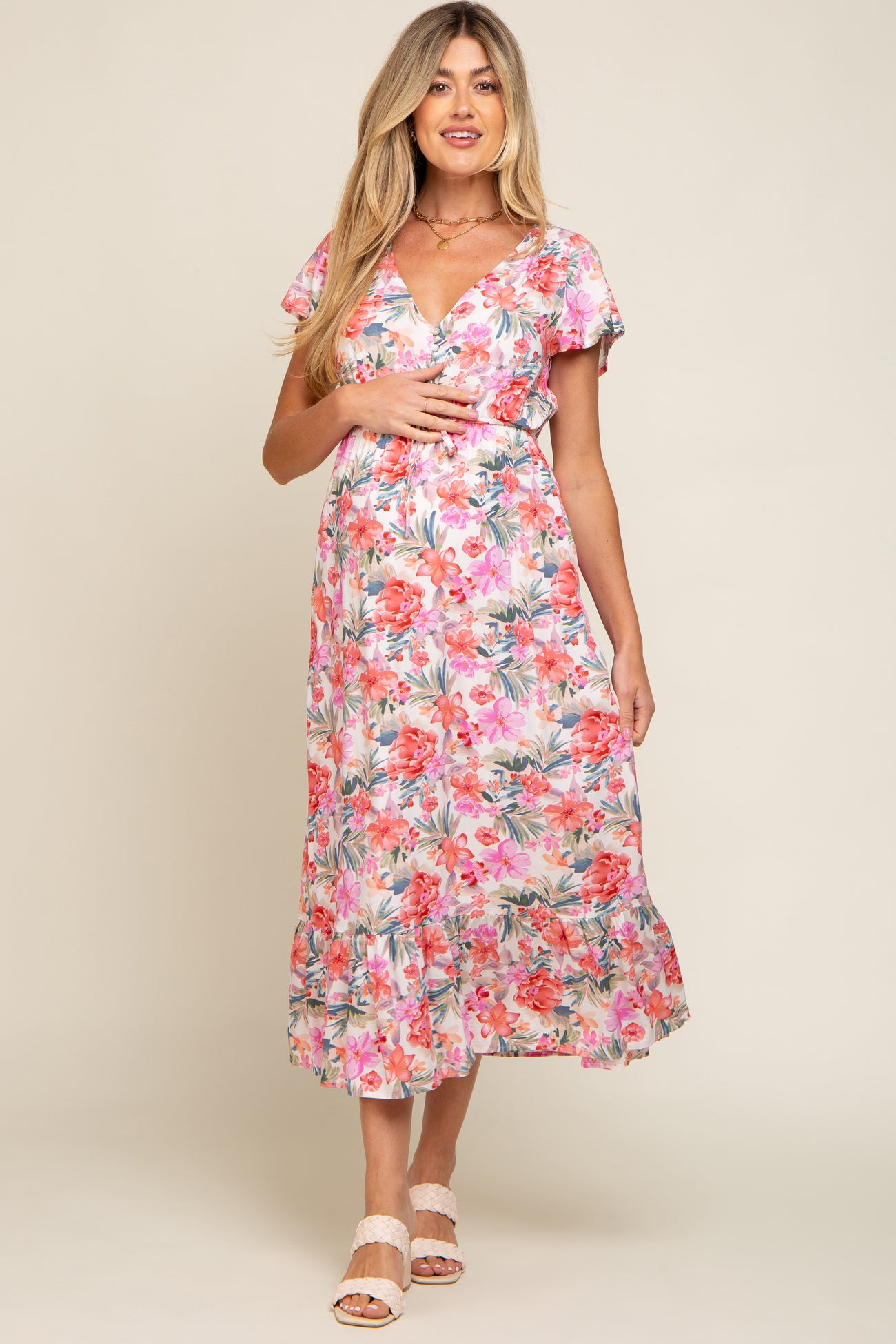 Ivory Multi-Color Floral Maternity Maxi Dress