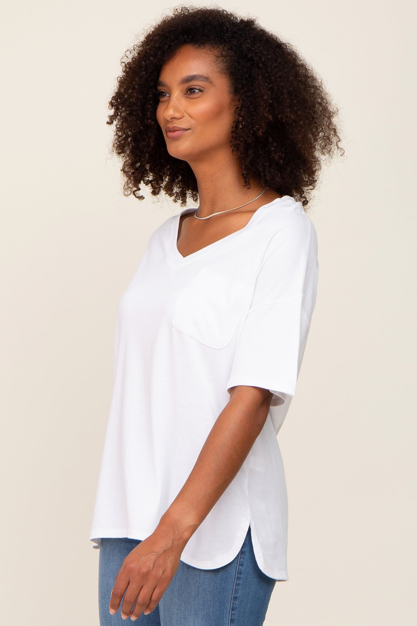 White Pocketed V-Neck Top