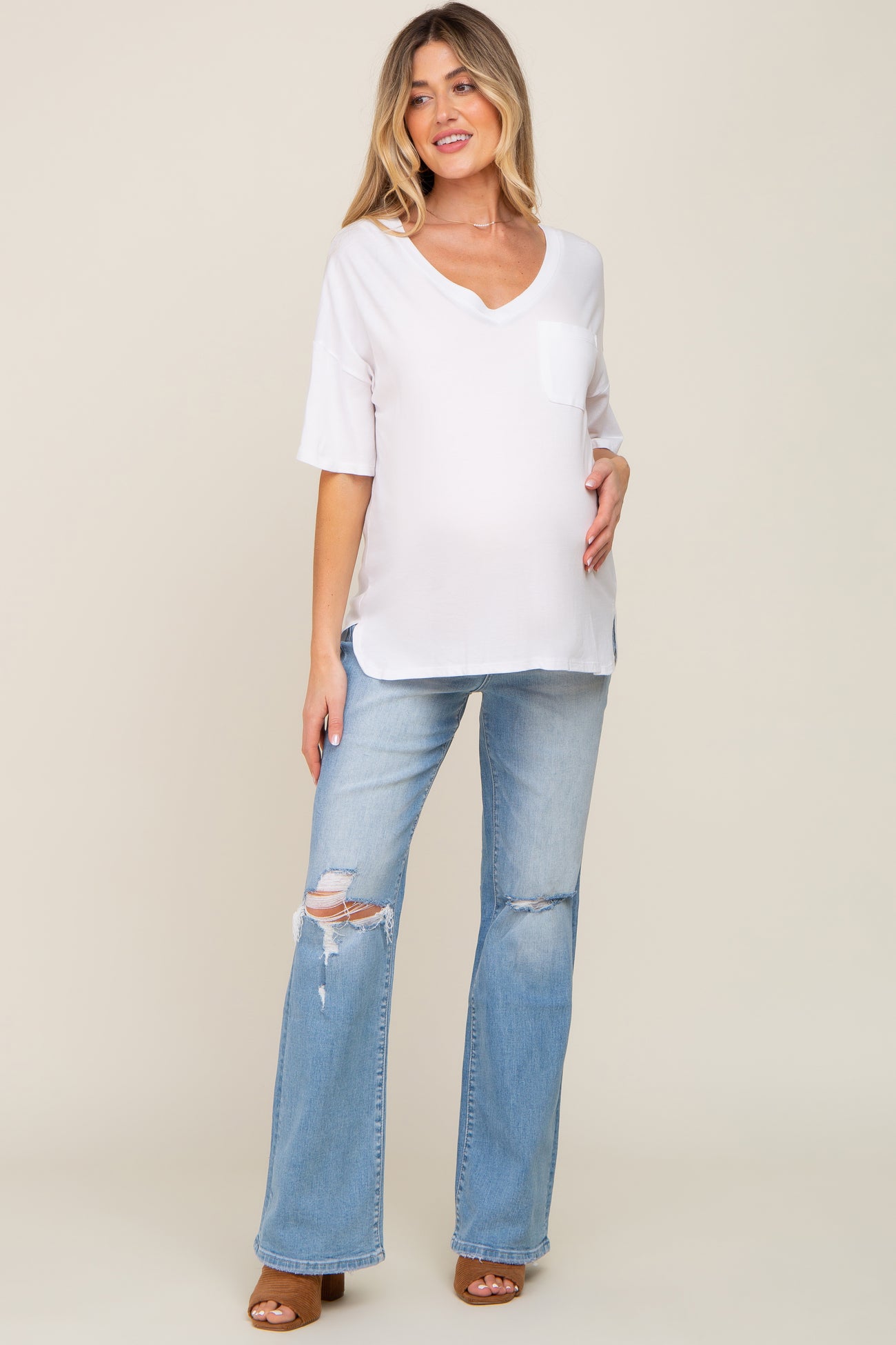 White Pocketed V-Neck Maternity Top