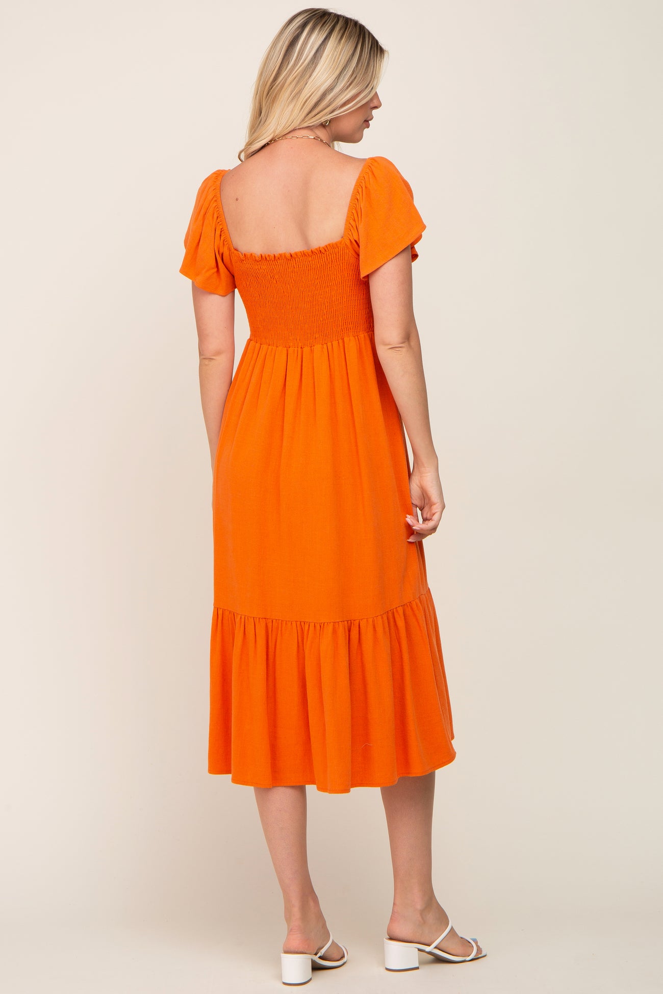 Orange Smocked Ruffle Hem Midi Dress