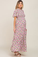 Black Floral Smocked Tiered Maternity Maxi Dress