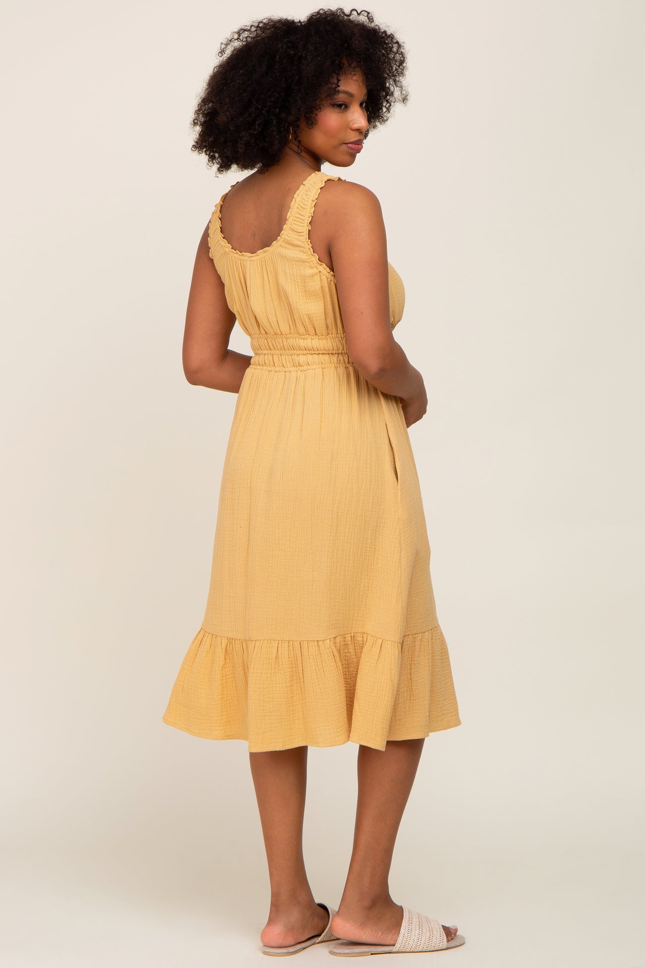 Yellow Gauze Smocked Waist Lettuce Trim Midi Dress
