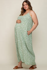Mint Leaf Print Double V-Neck Maternity Plus Maxi Dress
