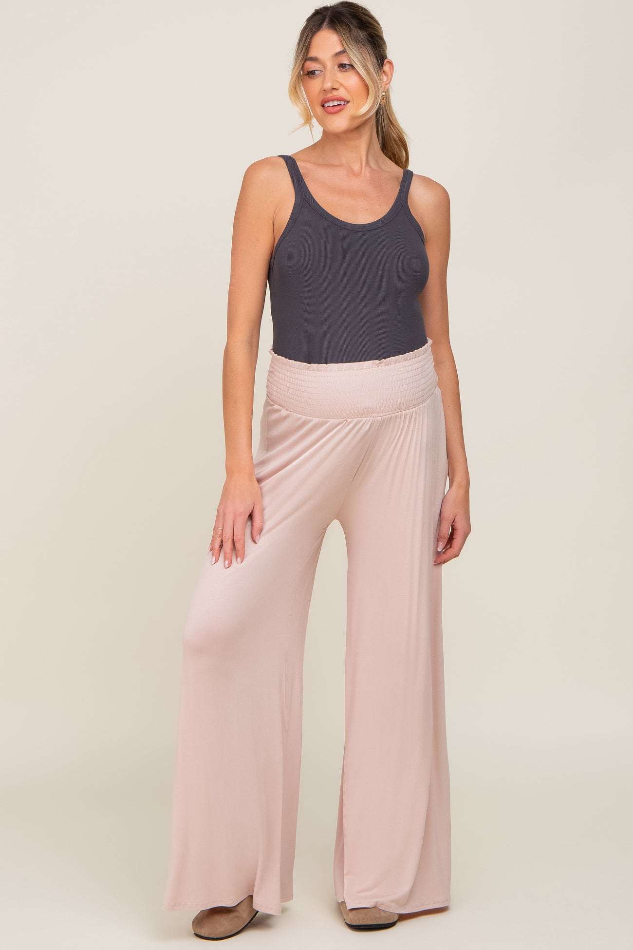 Light Pink Smocked Waist Flowy Maternity Pants