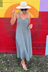 Olive Button Down Midi Tank Dress