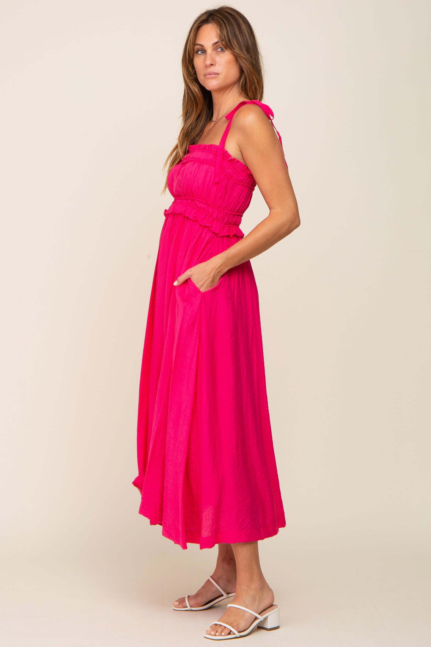 Fuchsia Shirred Shoulder Tie Midi Dress