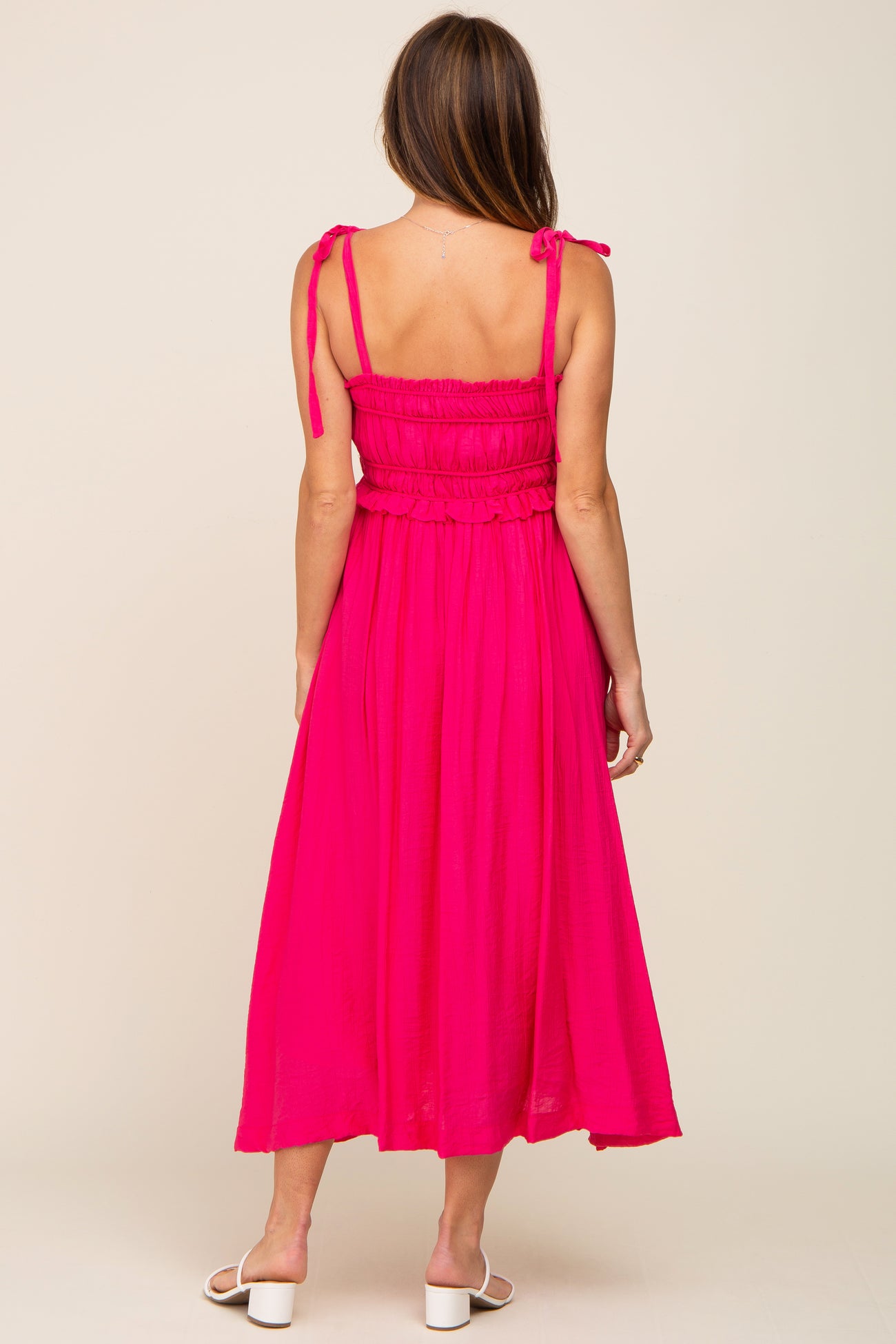 Fuchsia Shirred Shoulder Tie Midi Dress