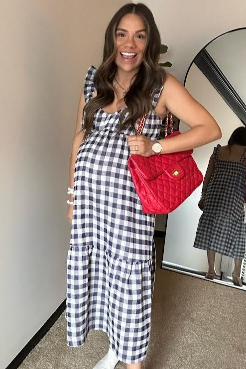 Navy Blue Checkered Linen Sweetheart Neck Ruffle Strap Maternity Midi Dress