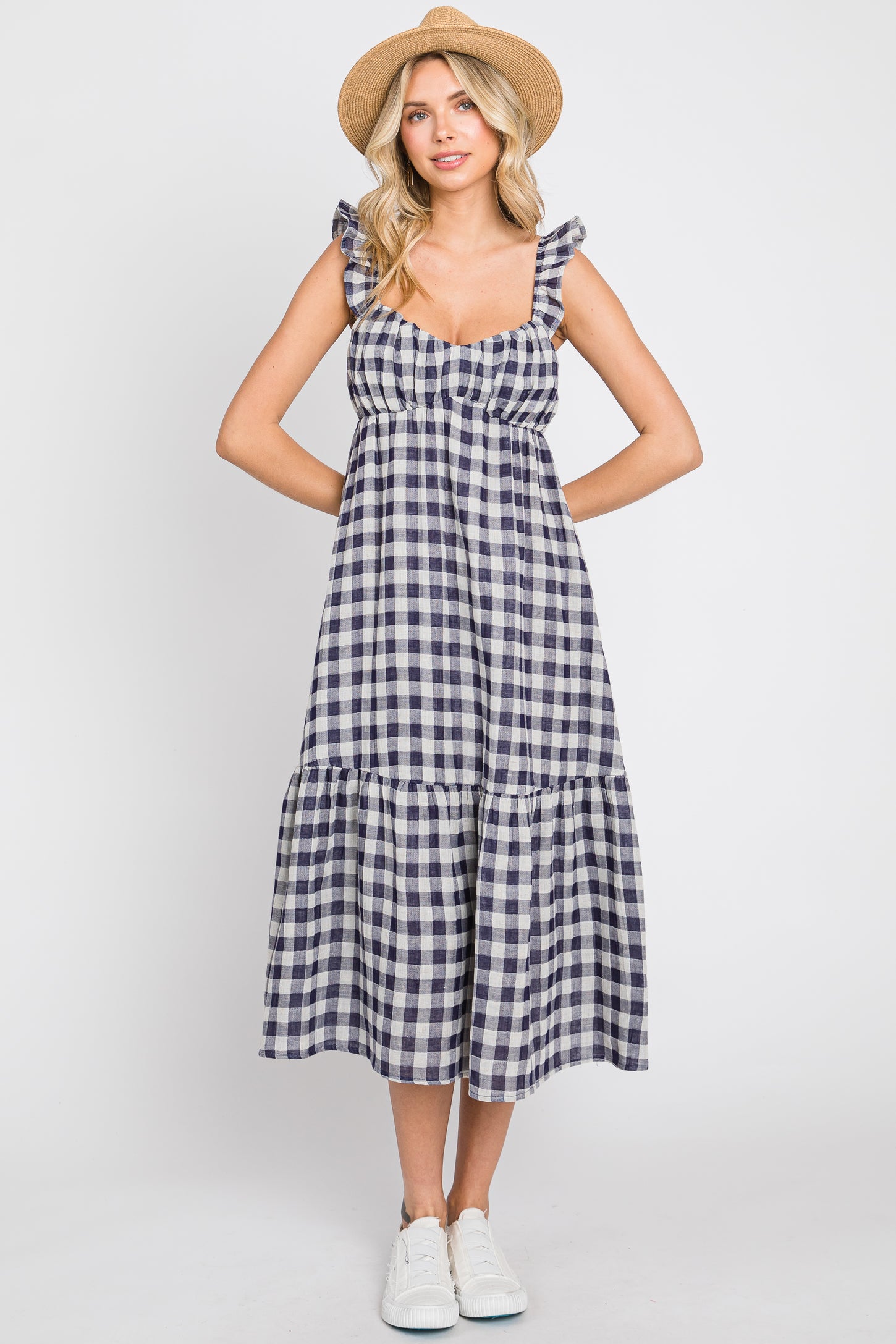 Navy Blue Checkered Linen Sweetheart Neck Ruffle Strap Maternity Midi Dress