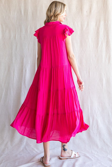 Fuchsia Flutter Sleeve Tiered Midi Dress