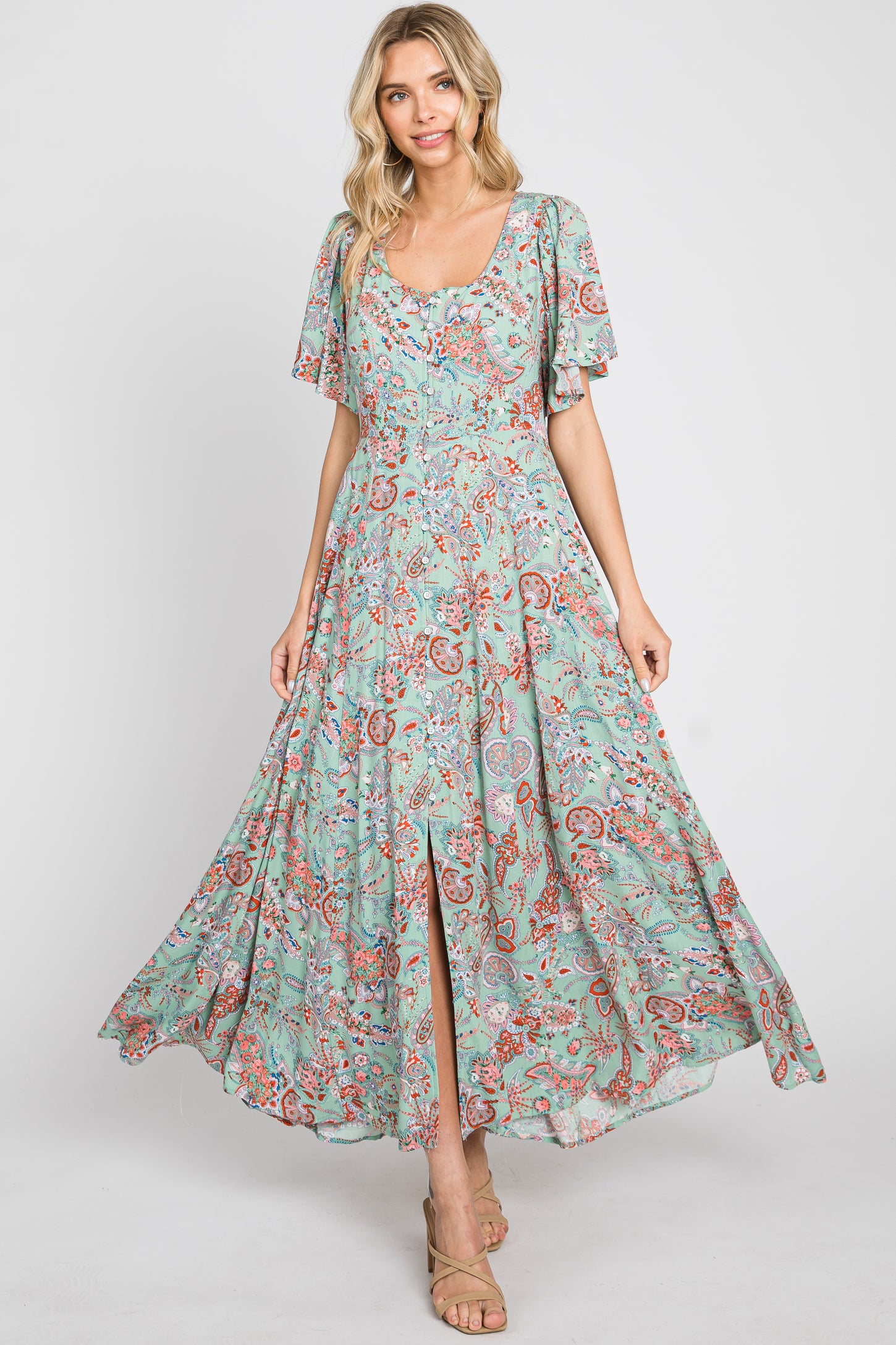 Mint Green Floral Button Front Short Flutter Sleeve Maxi Dress