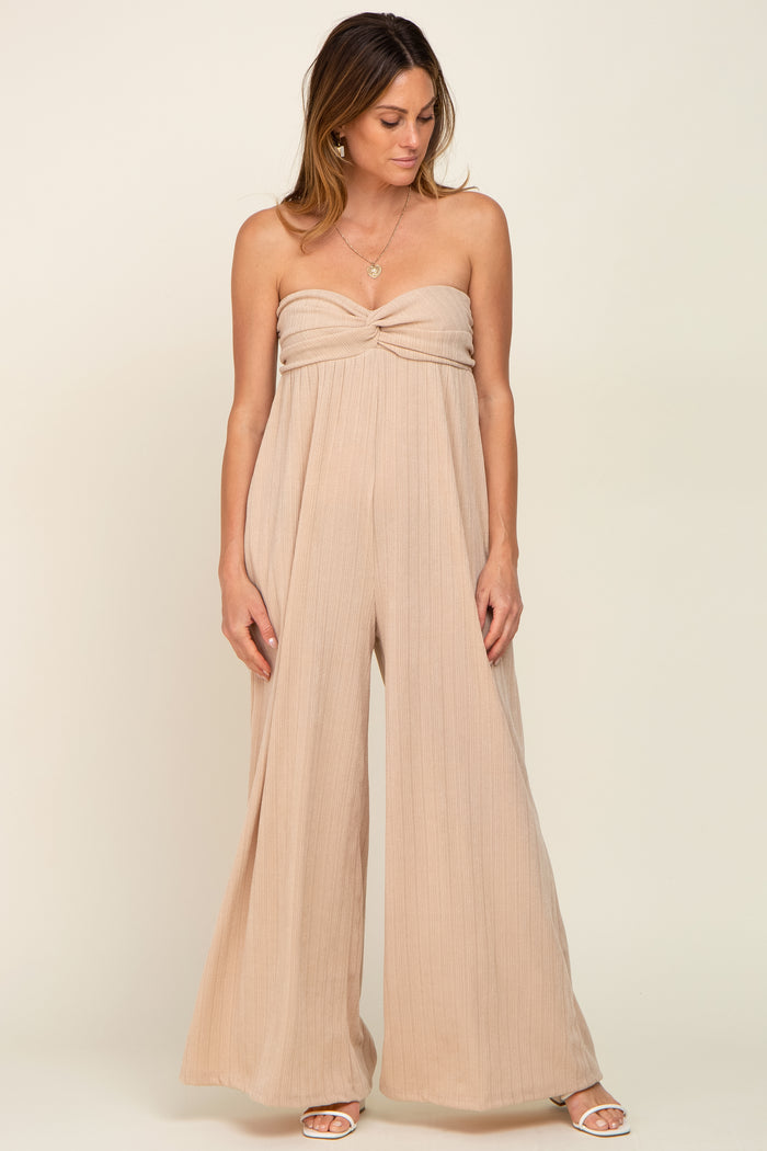 Taupe Strapless Front Twist Jumpsuit