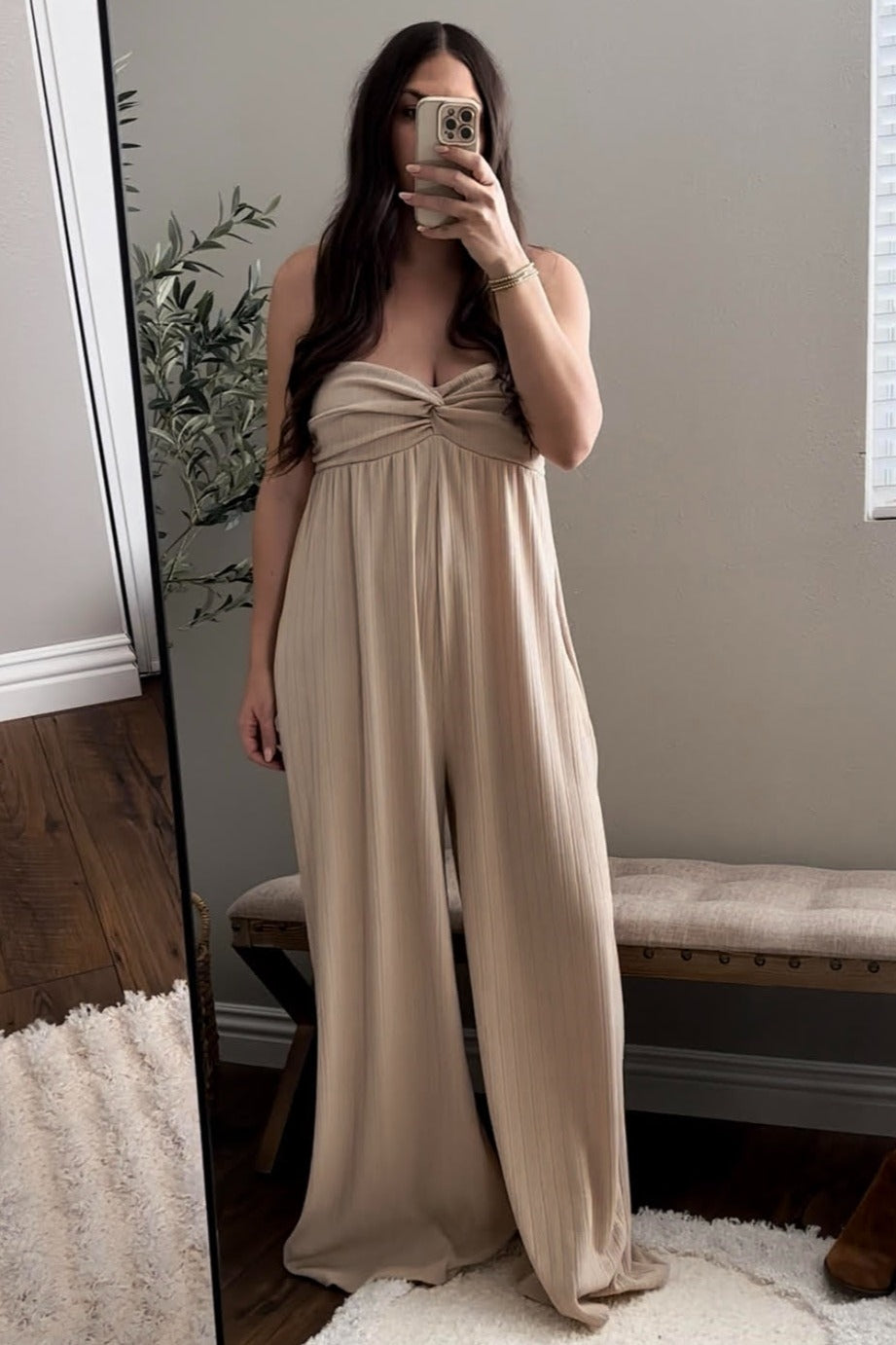 Taupe Strapless Front Twist Jumpsuit