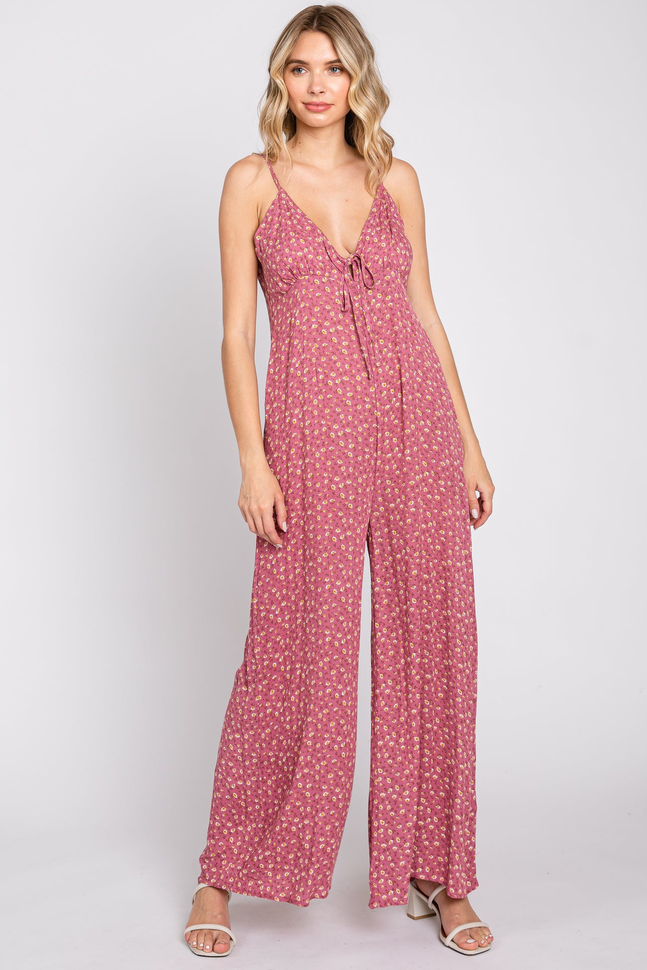 Mauve Floral V-Neck Front Tie Sleeveless Maternity Jumpsuit