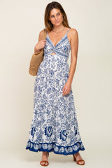 Navy Blue Floral Front Twist Maxi Dress