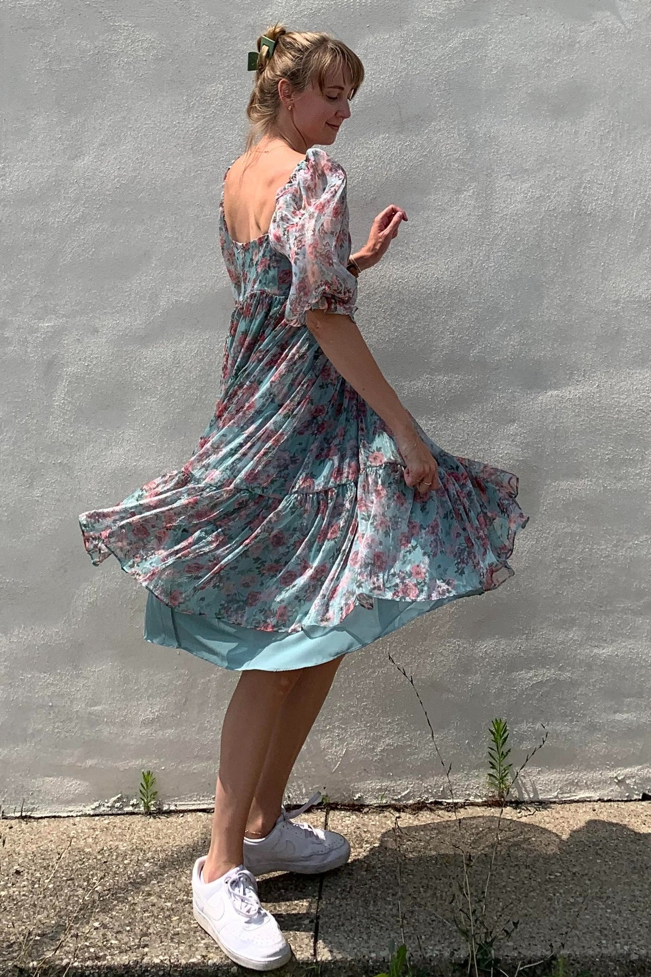 Mint Green Floral Shimmer Chiffon Square Neck Midi Dress