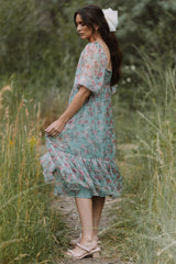 Mint Green Floral Shimmer Chiffon Square Neck Midi Dress