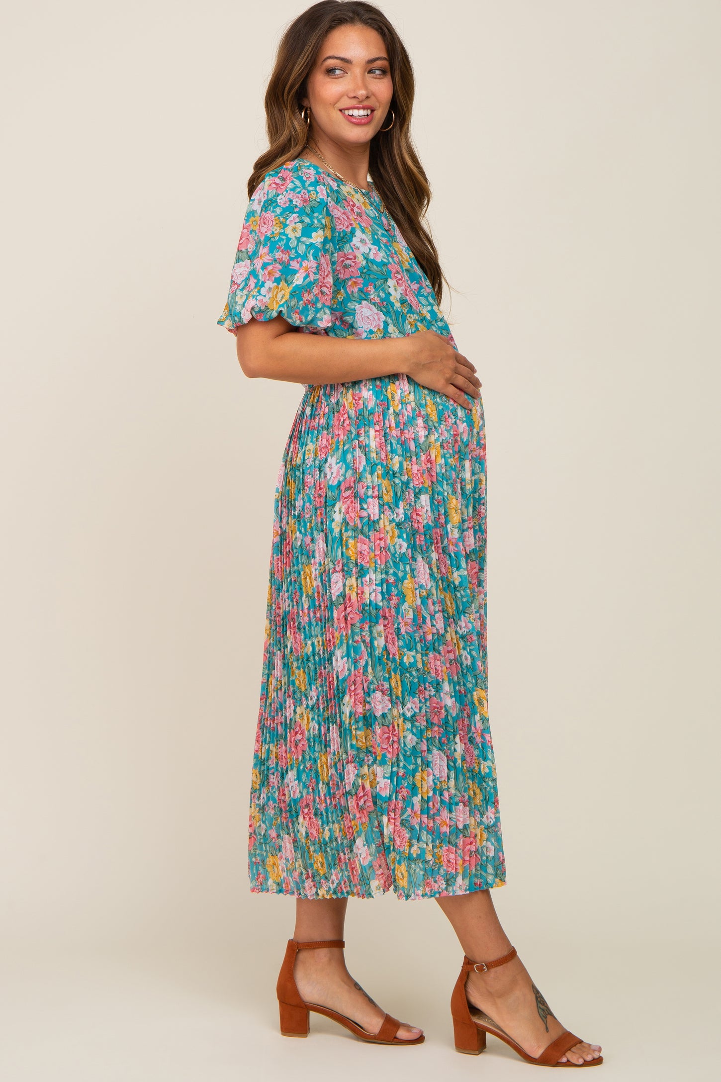 Teal Floral Chiffon Pleated Maternity Midi Dress