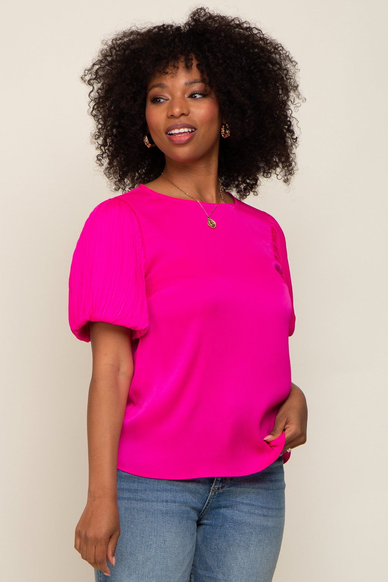 Fuchsia Satin Pleated Puff Short Sleeve Blouse
