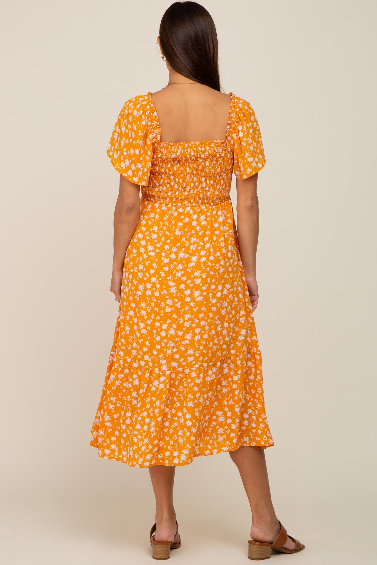 Yellow Floral Smocked Maternity Midi Dress