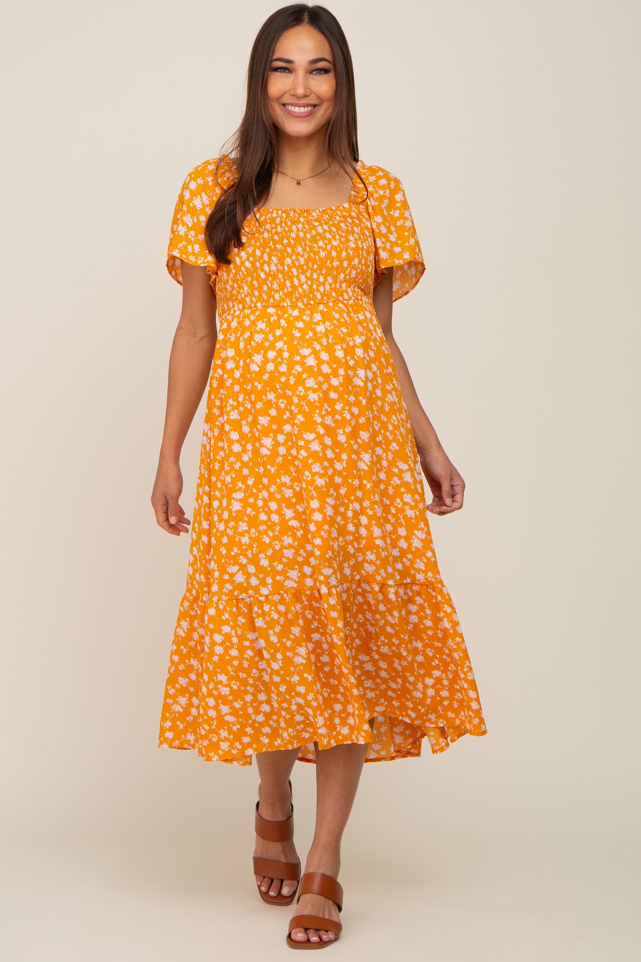 Yellow Floral Smocked Maternity Midi Dress
