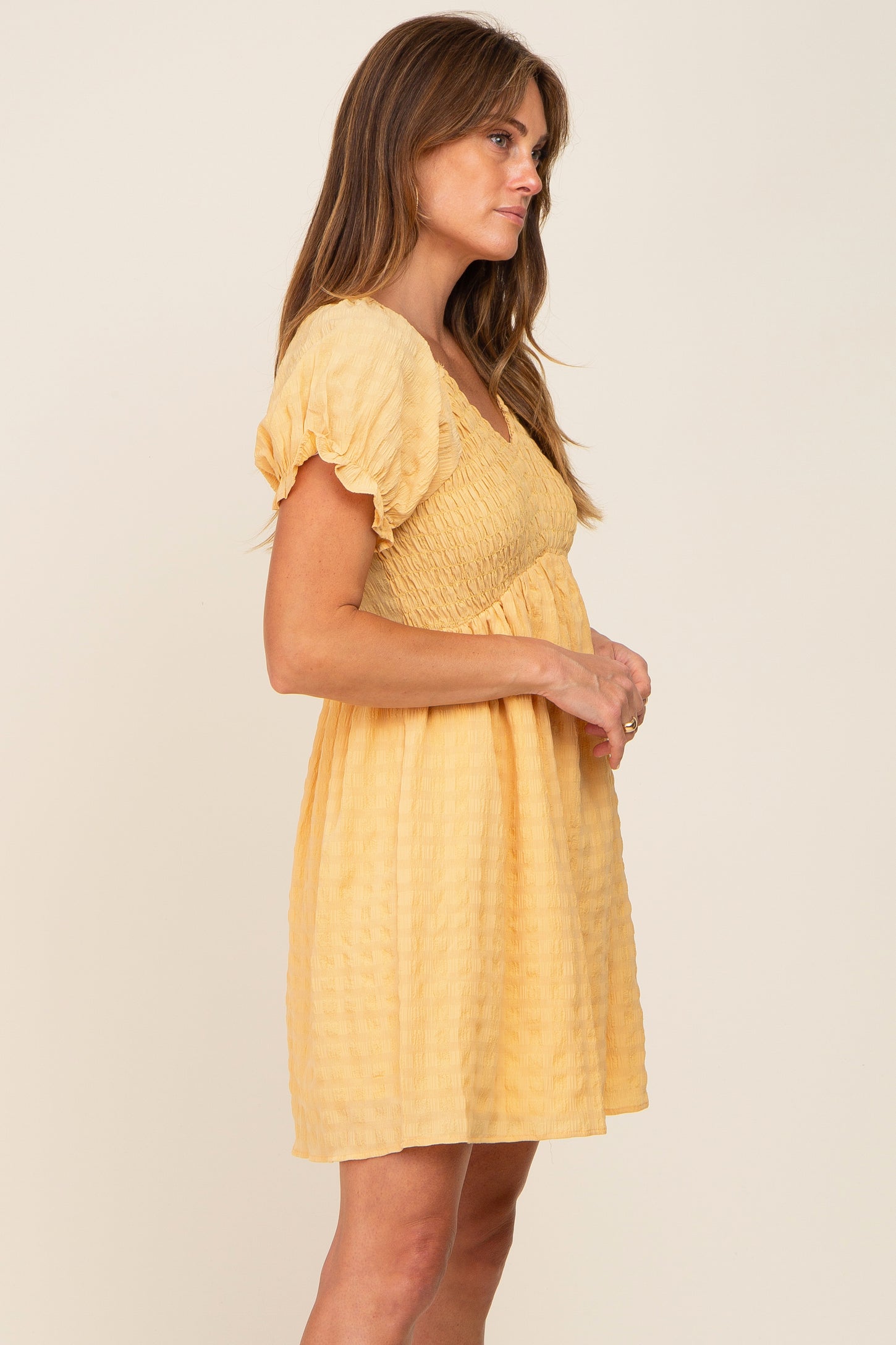 Yellow Smocked Textured V-Neck Dress