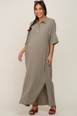 Olive Collared Linen Maternity Maxi Dress