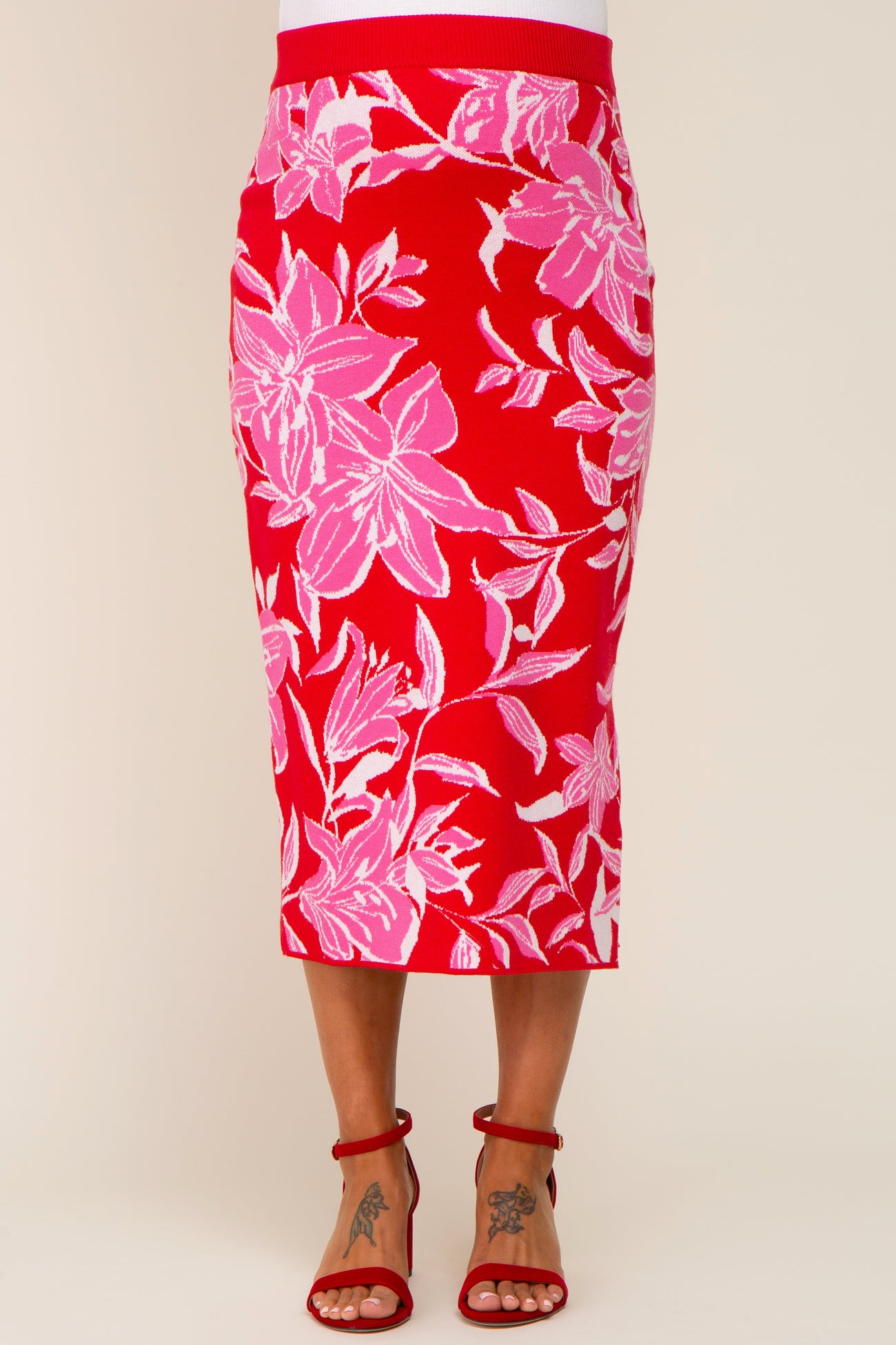 maternity wear red floral pencil skirt with a mid-length fit and pink floral patterns
