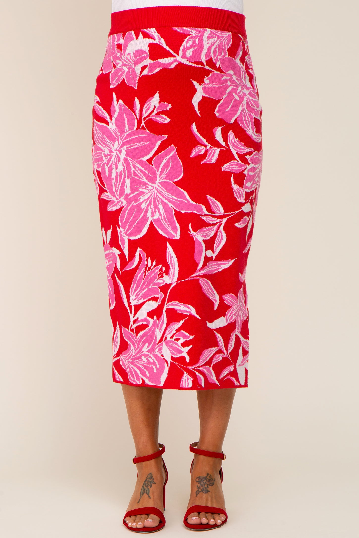 maternity wear red floral pencil skirt with a mid-length fit and pink floral patterns