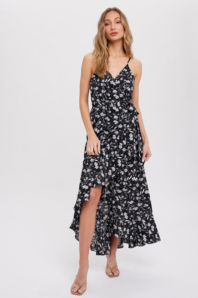Black Floral Flounce Hi-Lo Maternity Wrap Maxi Dress