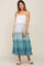 woman wearing a tiered maternity midi dress in white and blue ombre shades with ruffle details